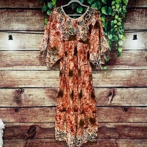 Floral Maxi Dress XL Tiered Tie Dye 4th of July Brick Red Sun Burst Fireworks